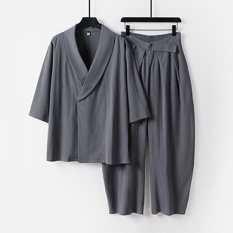 Women's Two-Piece Kimono Loungewear Set with Shawl Collar Short Sleeve Top and High-Waisted Pleated Pants Chichicherry