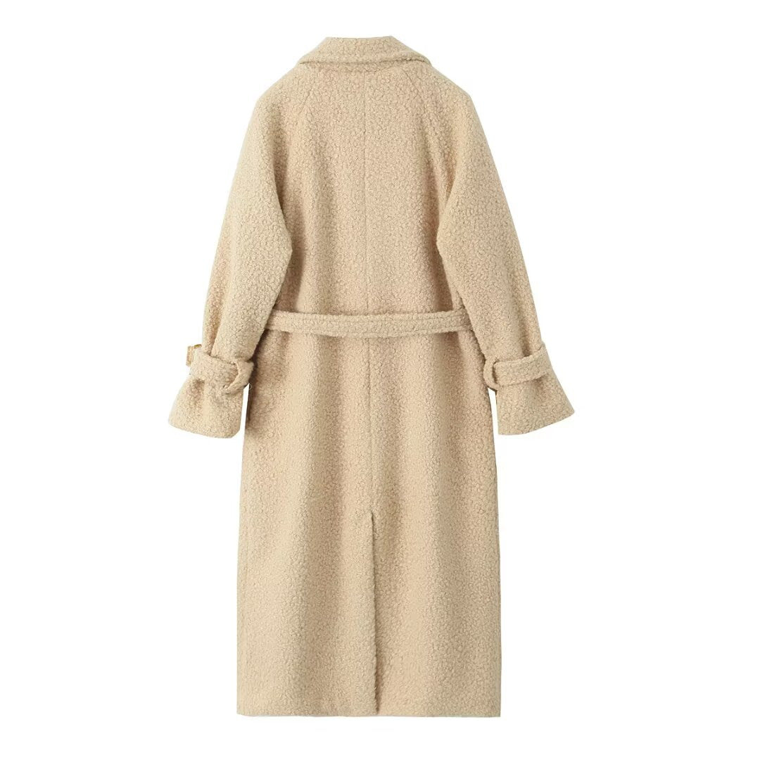 Women's Double-Breasted Teddy Coat with Tie Belt and Buckle Sleeves Chichicherry