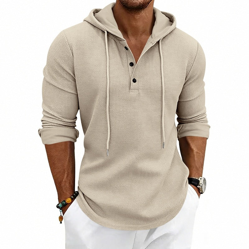 Men's Textured Hooded Long Sleeve Shirt with Button Placket and Waffle Texture Chichicherry