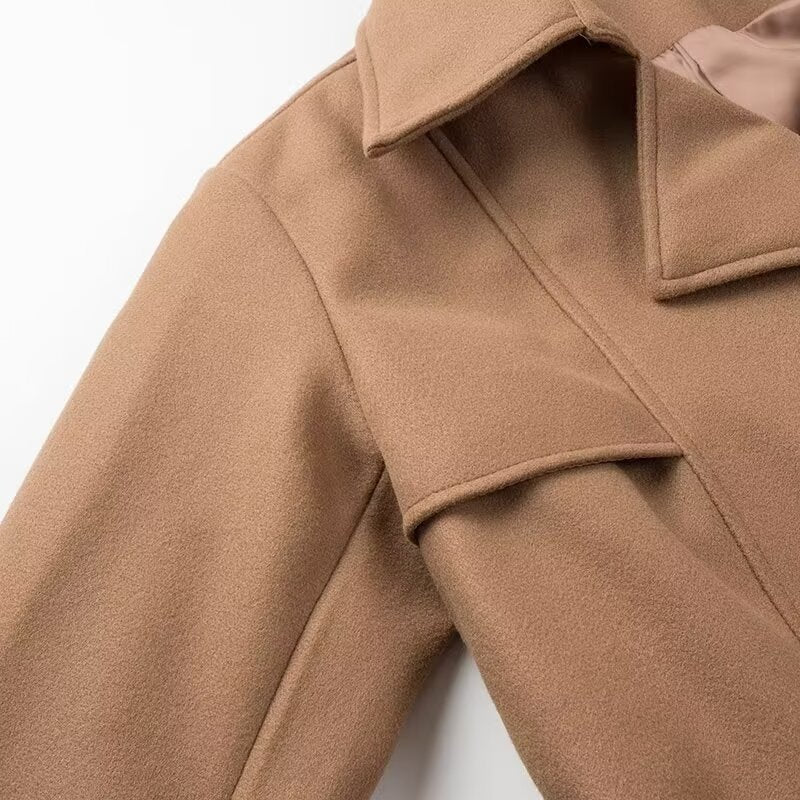 Women's Double-Breasted Maxi Length Trench Coat with Tie Belt and Cape Overlay Chichicherry