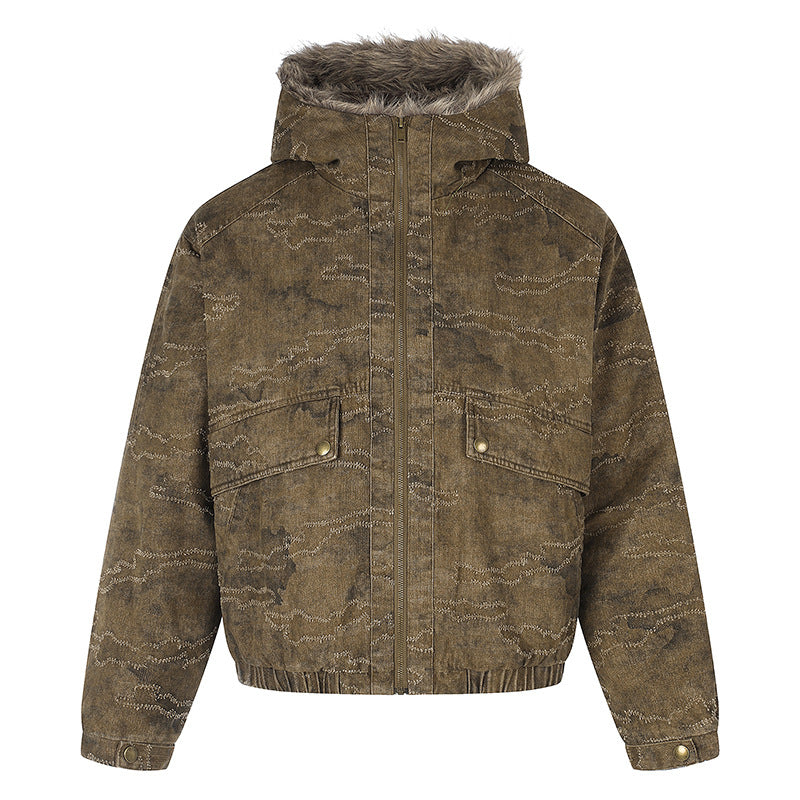 Women Padded Hooded Bomber Jacket with Faux Fur Trim, Camouflage Effect and Elastic Hem Chichicherry