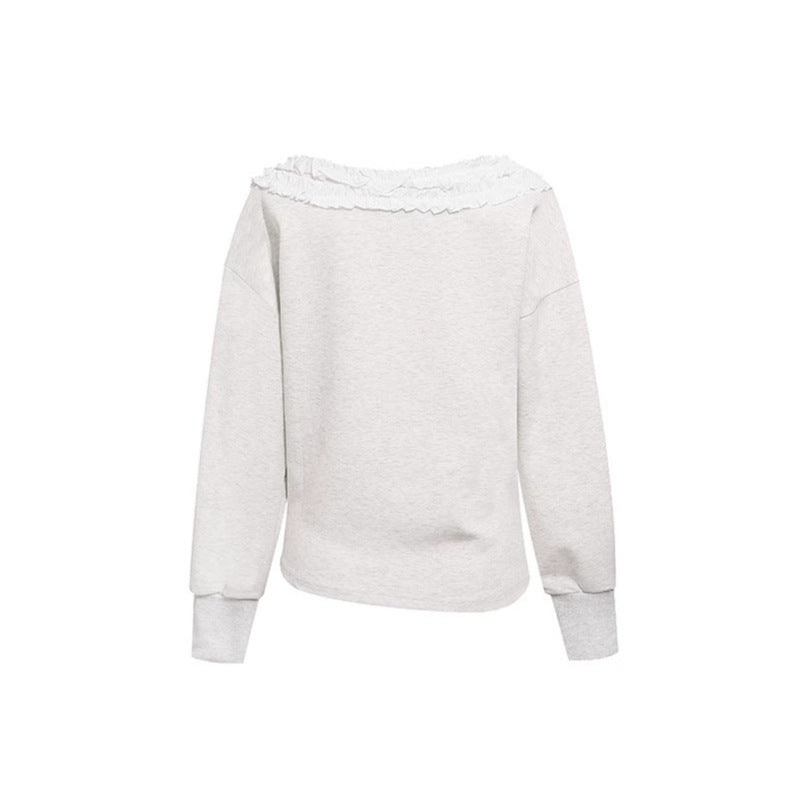 Women's sweatshirt with off-the-shoulder neckline, lace ruffle, and side gathers Chichicherry