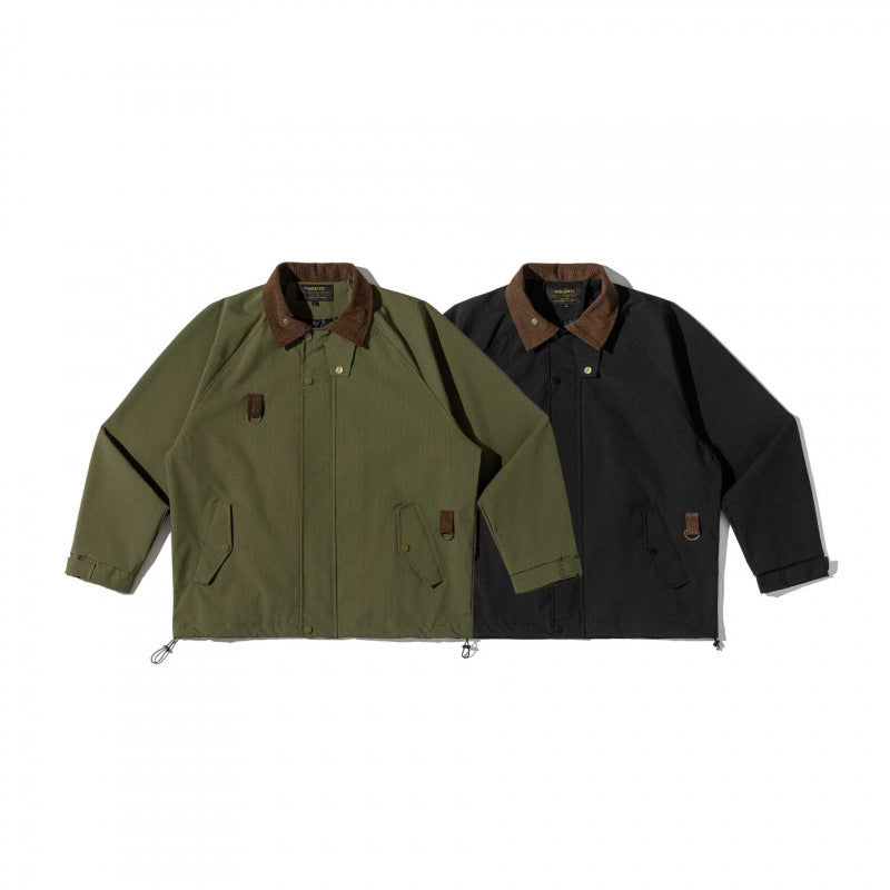 Unisex boxy overshirt jacket in utility style with cord collar, flap pockets and drawstring hem Chichicherry