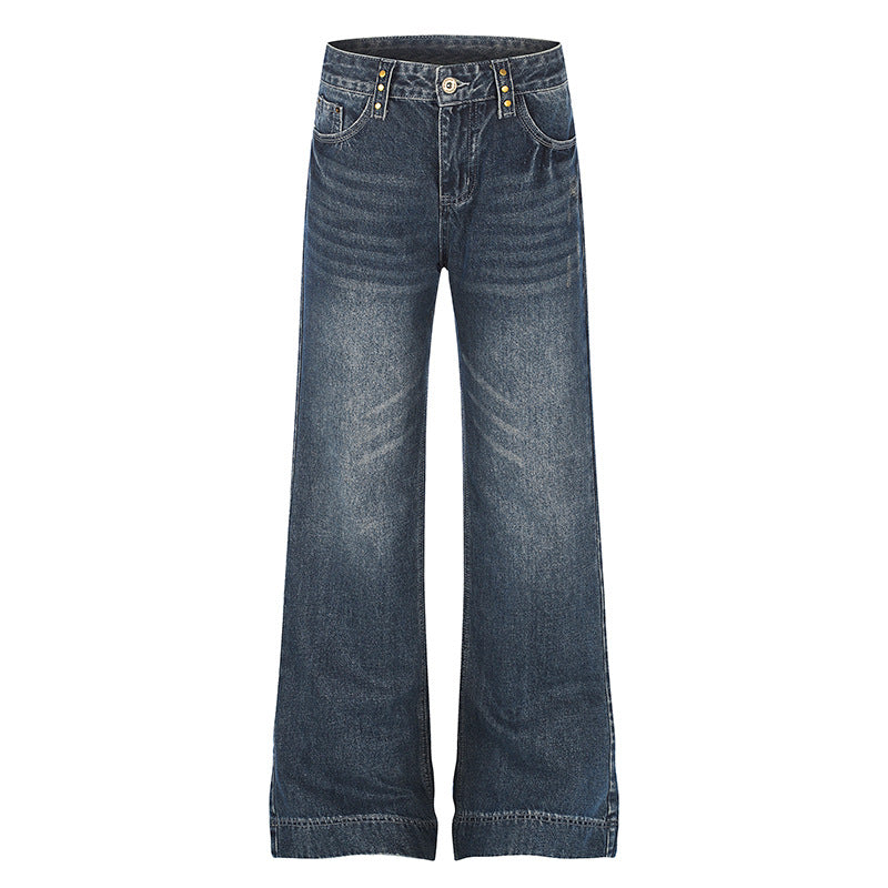 Women's Wide High-Waist Denim Palazzo Jeans with Wide Legs and Vintage Wash Chichicherry