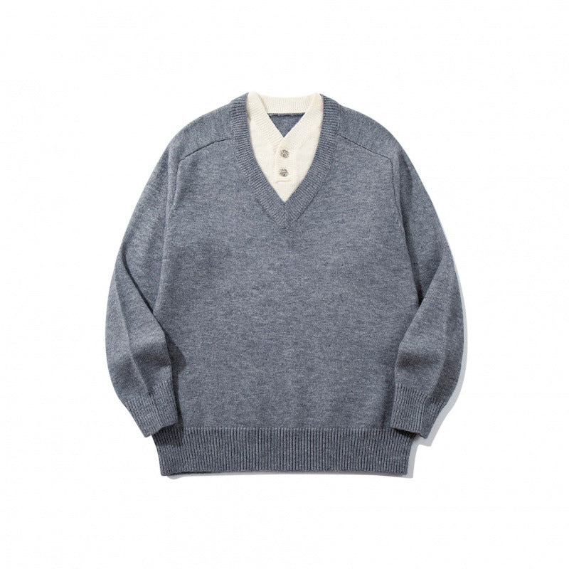 Men's V-neck sweater with integrated Henley collar Chichicherry