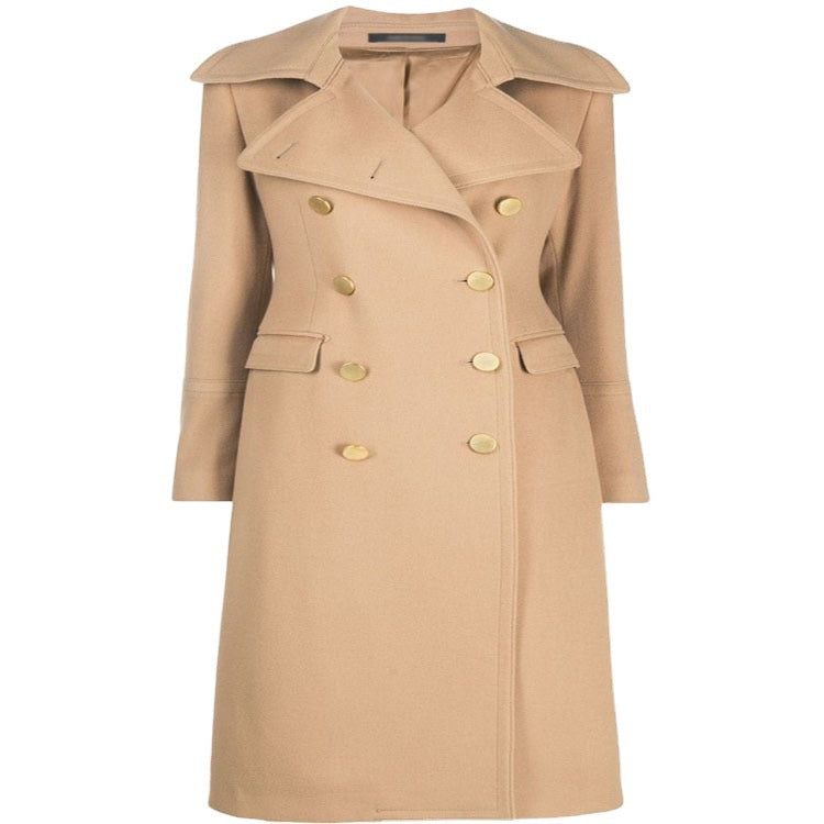Women Tailored Double-Breasted Coat with Wide Lapels and Gold Decorative Buttons Chichicherry