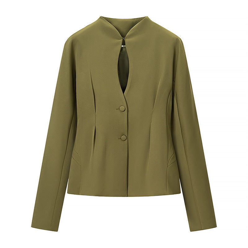 Women's Tailored Short Blazer without Lapels with Stand-Up Collar Look and Shaping Seams Chichicherry