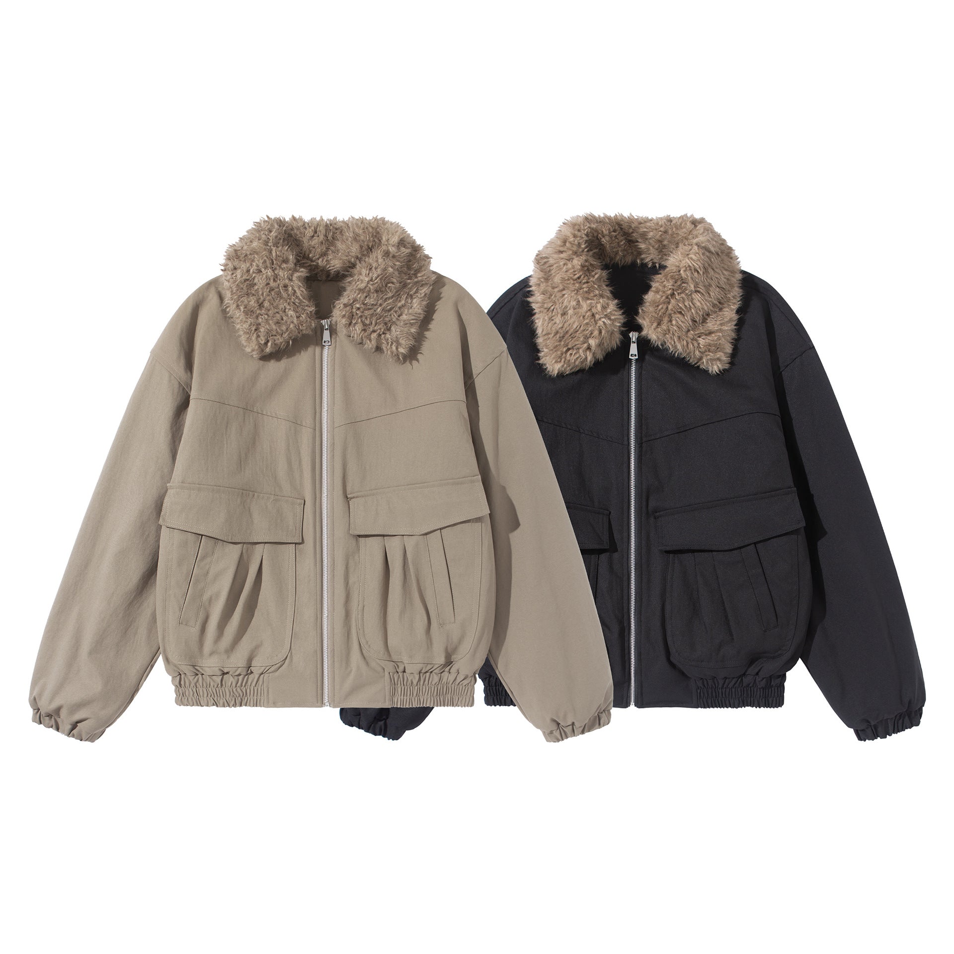 Women's short jacket with voluminous faux fur collar, kangaroo pockets, and elastic hem Chichicherry