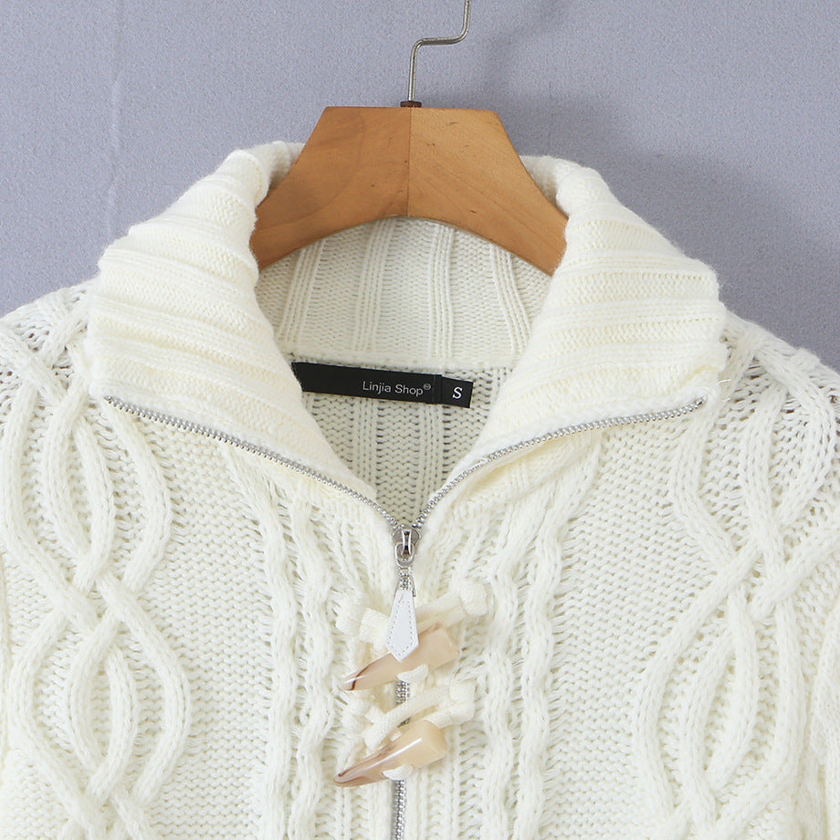 Ladies short knitted cardigan with stand-up collar, cable pattern, wooden button toggles and pockets Chichicherry