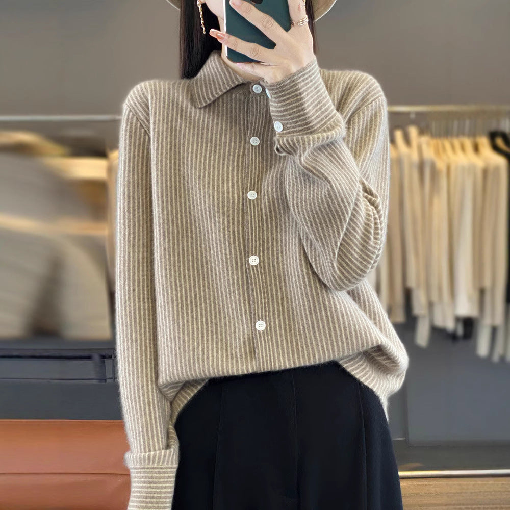 Women's Lightweight Fine Knit Shirt with Polo Collar and Fine Stripes Chichicherry