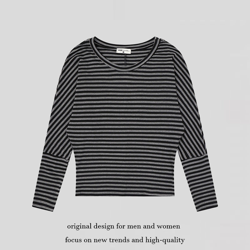 Women Striped Long Sleeve Round Neck Top made of Cotton Blend Chichicherry