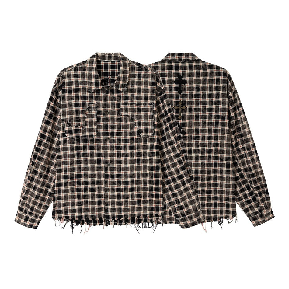 Men's checked overshirt in workwear style with frayed hem and double chest pockets Chichicherry
