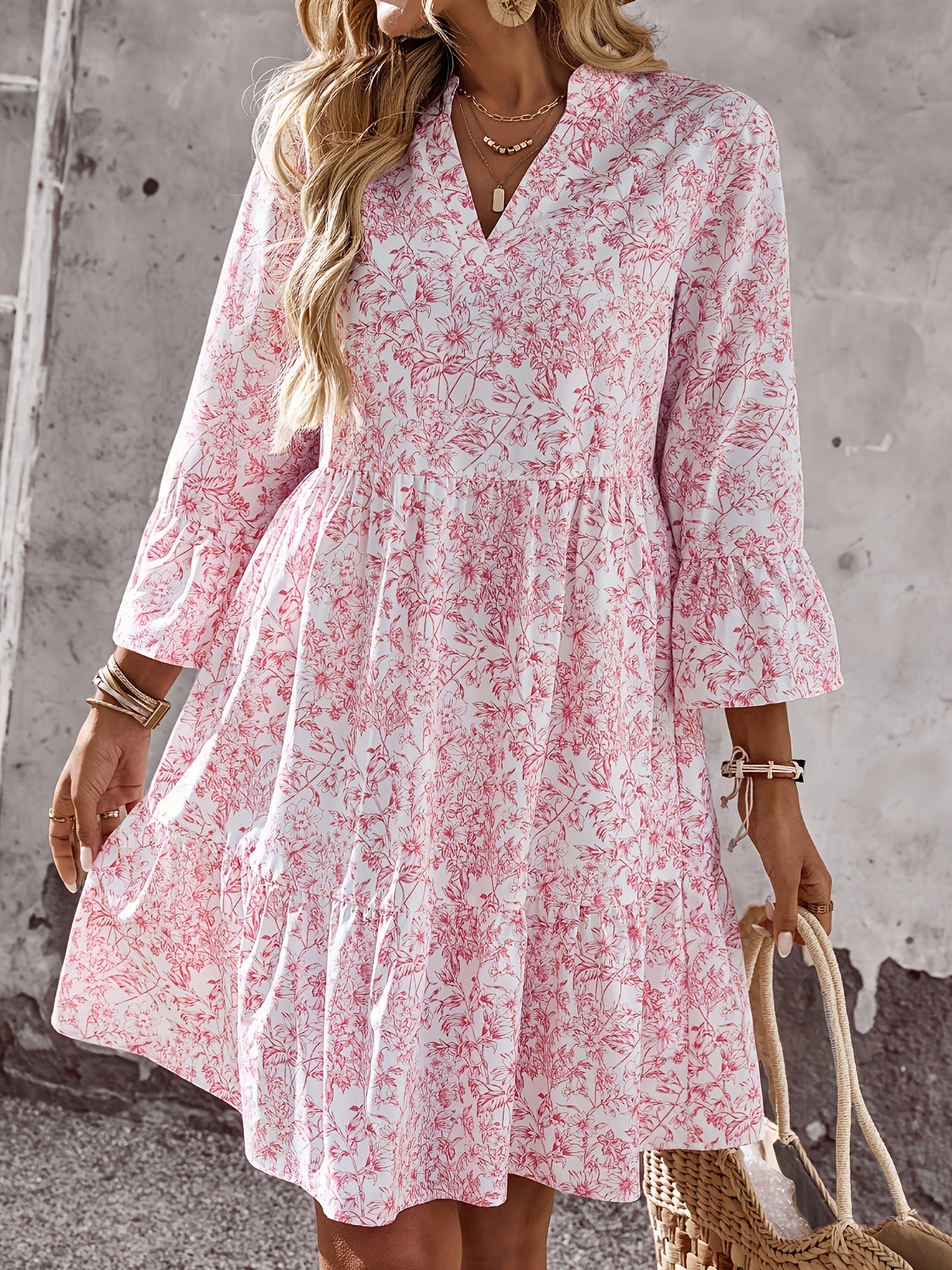 Women Light Viscose Tunic Dress with Floral Print V-Neck and Ruffle Sleeves Chichicherry