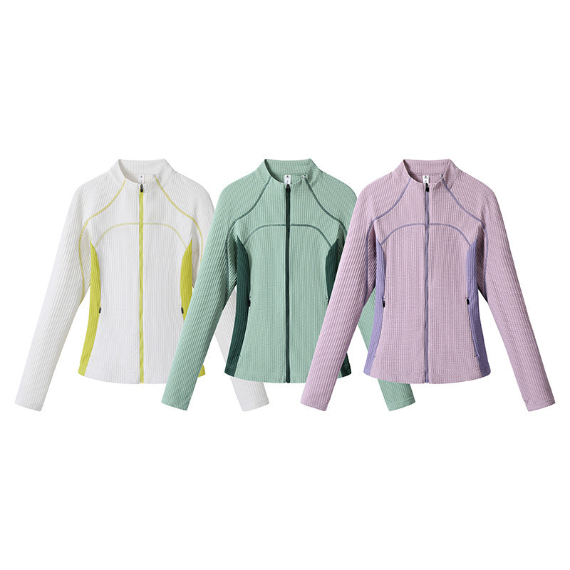 Women waffle structure functional jacket with full zip, stand-up collar and contrast side inserts Chichicherry