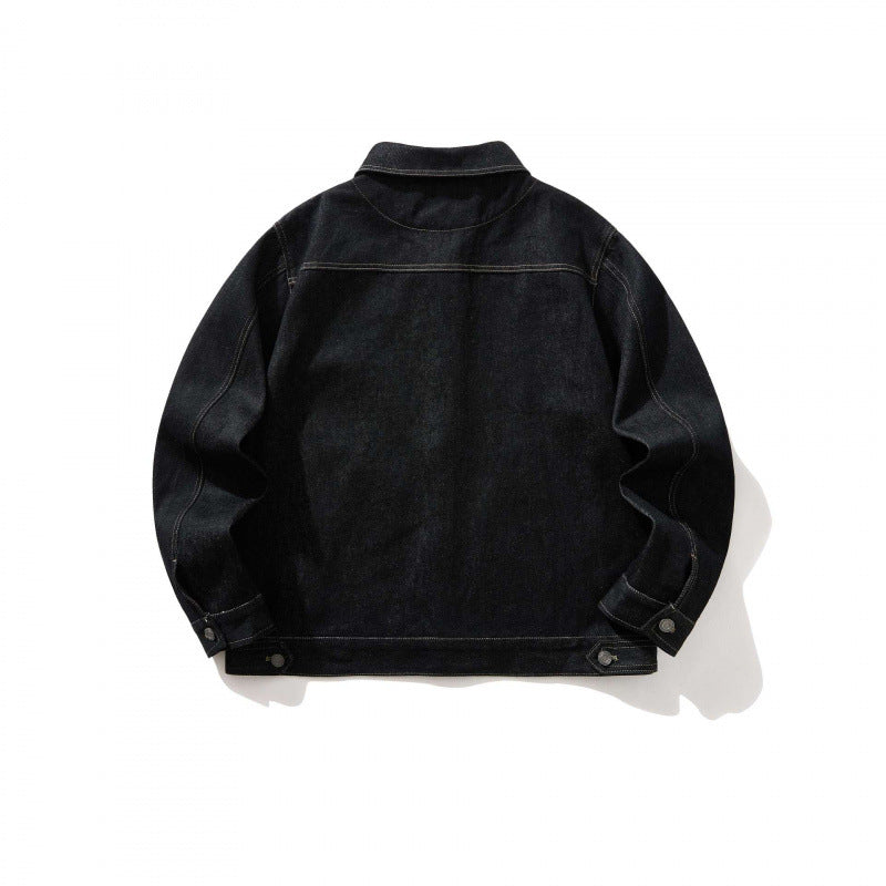 Men's short-cut denim worker jacket with boxy silhouette, contrast seams, and round pockets Chichicherry