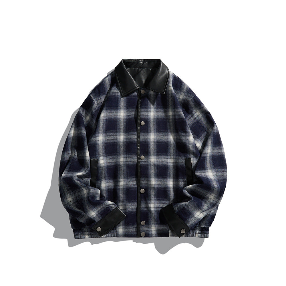 Men's Checkered Overshirt Jacket made of Flannel with Faux Leather Details and Snap Button Placket Chichicherry