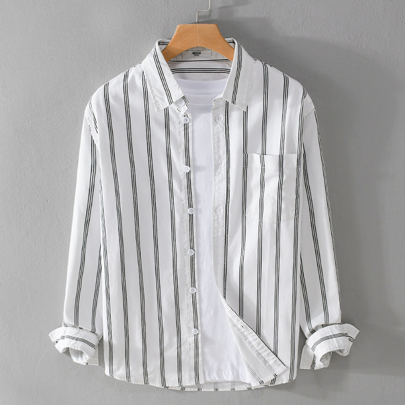 Men's Lightweight Cotton Shirt in Relaxed Fit with Vertical Contrast Stripes and Chest Pocket Chichicherry