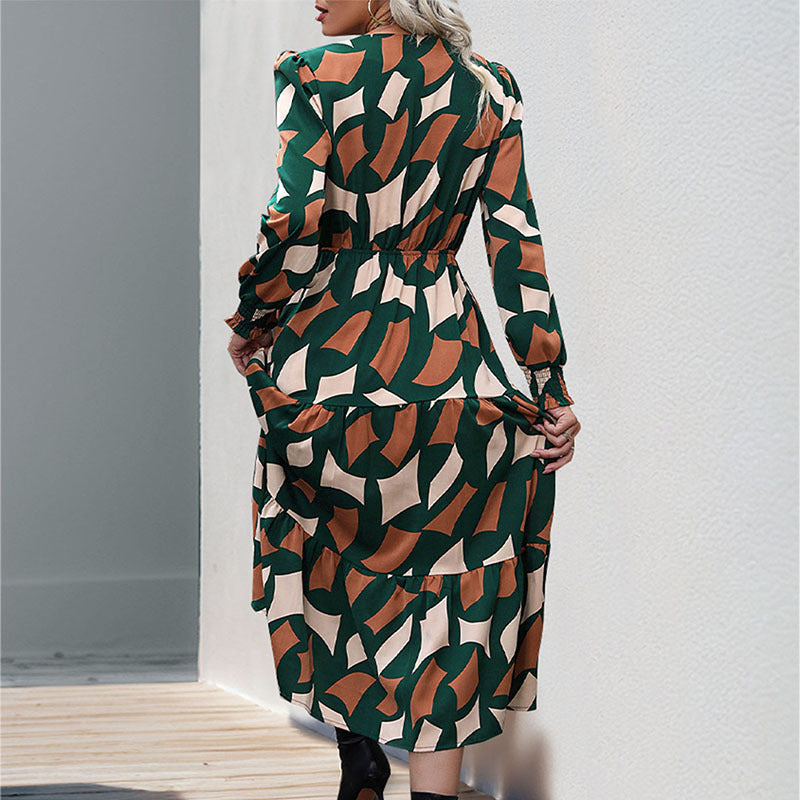 Women's Long Tiered Maxi Dress with Graphic Print, V-Neck, Drawstring Waist and Gathered Cuffs Chichicherry