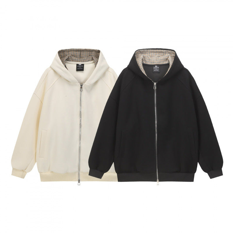 Unisex Oversize Hooded Sweat Jacket with Checked Lining, Full Zip and Ribbed Hem Chichicherry