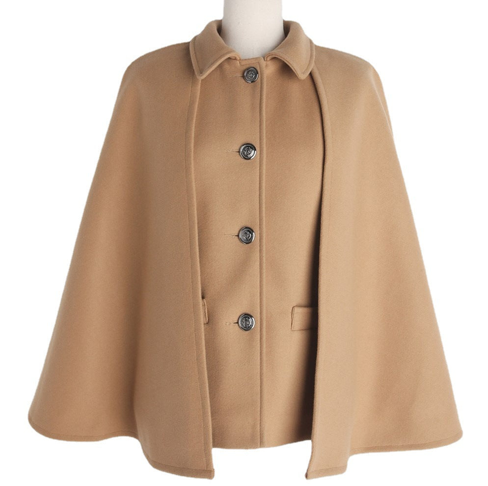 Women's Short Wool Blend Cape Coat with Shirt Collar and Patch Pockets Chichicherry