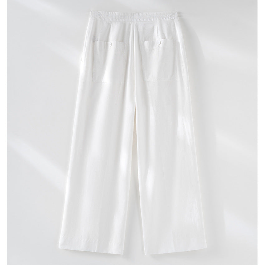 Ladies culotte-like linen trousers with drawstring, pleats and straight leg Chichicherry