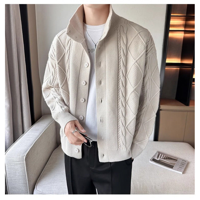 Herren Lockere Strick-Cardigan mit hohem Stehkragen und Zopfmuster Chichicherry