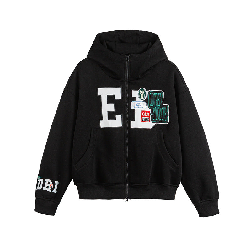 Unisex Oversize Hoodie Zip Jacket with Collegiate Patches Chichicherry