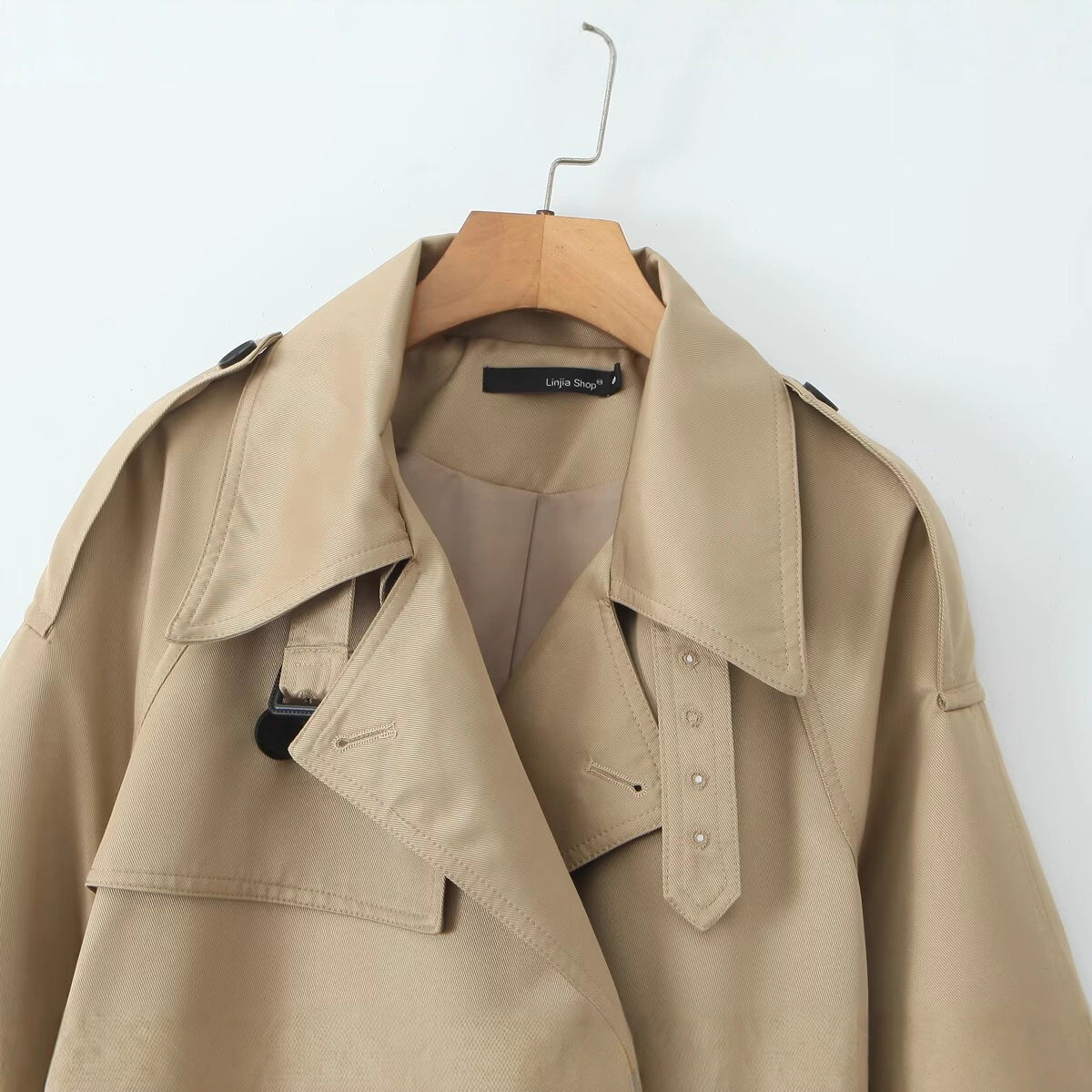 Women's Short Tailored Double-Breasted Trench with Cape Sleeves and Tie Belt Chichicherry