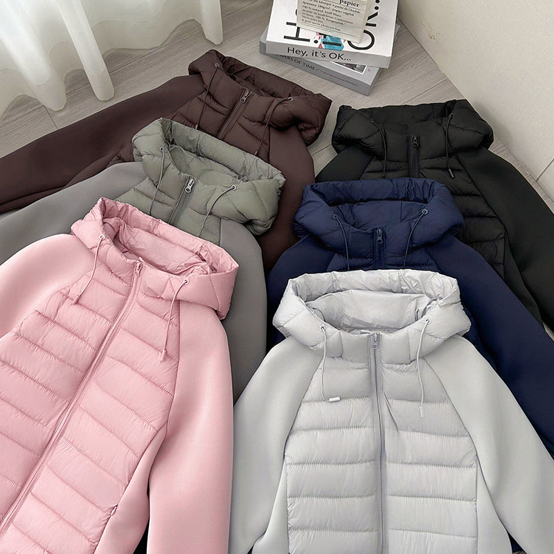 Ladies nano quilted hybrid jacket with hood, softshell sleeves and light thermal insulation Chichicherry