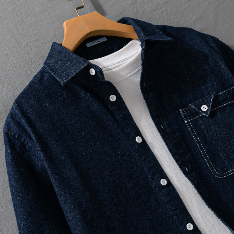 Men's denim overshirt in shirt jacket style with patch chest pocket and relaxed fit Chichicherry