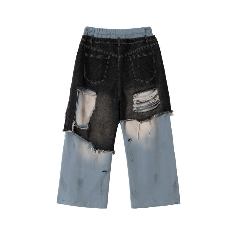 Unisex Patchwork Jeans Hybrid Pants in Oversized Cut with elastic waistband, destroy effects, and wide leg Chichicherry