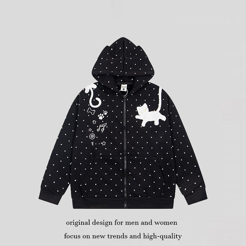 Women's hoodie sweatshirt jacket with cat ears, all-over polka dot and chenille cat applique Chichicherry