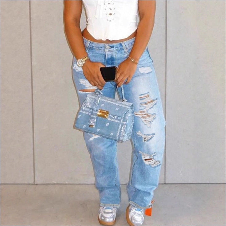 Women High-Waisted Relaxed-Fit Straight Jeans with pronounced Destroyed Details Chichicherry