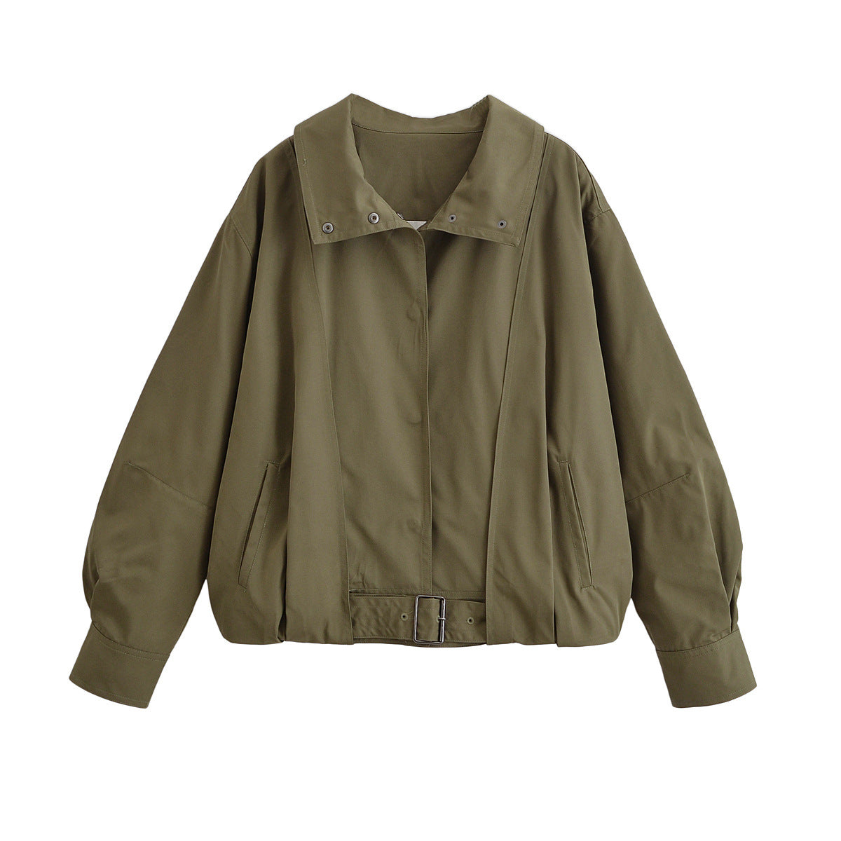 Women Oversize Bomber Jacket with Waist Belt and Stand-up Collar Chichicherry