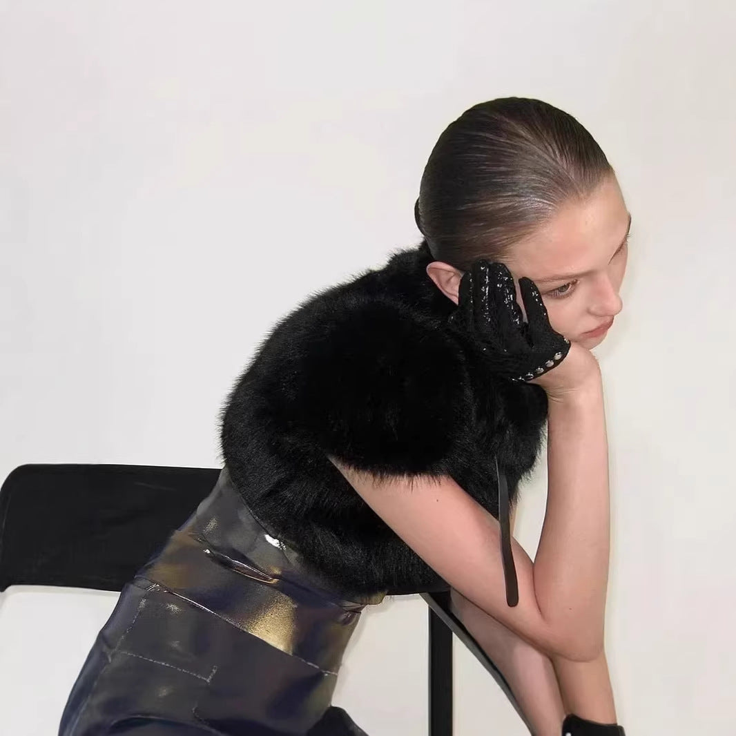 Women's Cropped Faux Fur Bolero with Voluminous Shawl Collar and Puff Sleeves Chichicherry