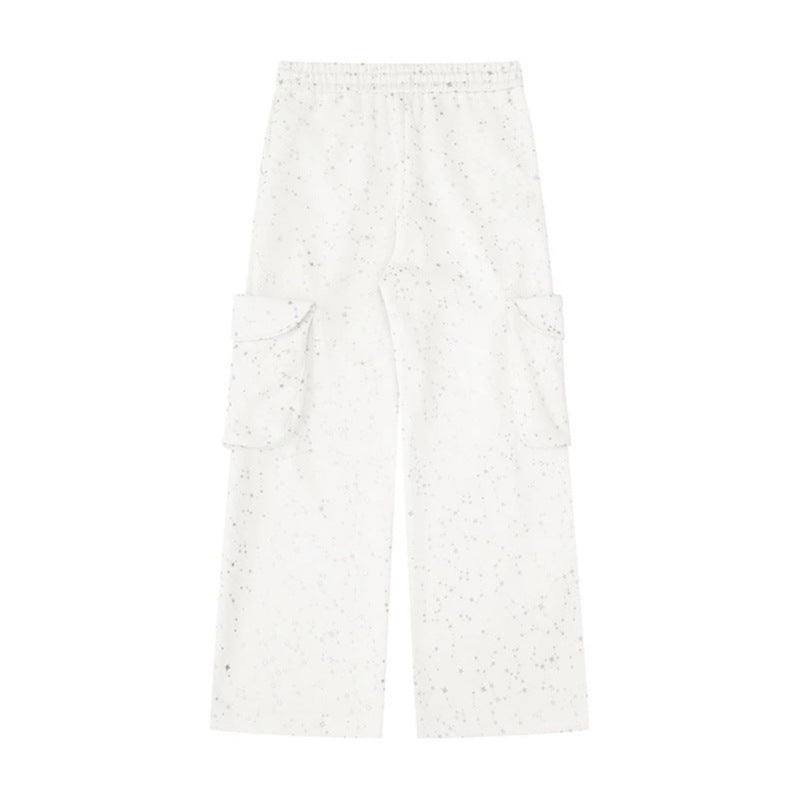 Women's Extra Wide Cargo Palazzo Sweatpants with Drawstring Waistband and Decorative Wing Appliqués Chichicherry
