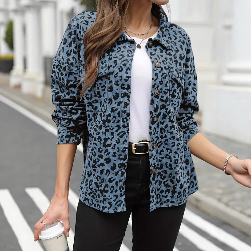Women's Oversize Shirt Jacket in Cord Look with Leopard Print Chichicherry