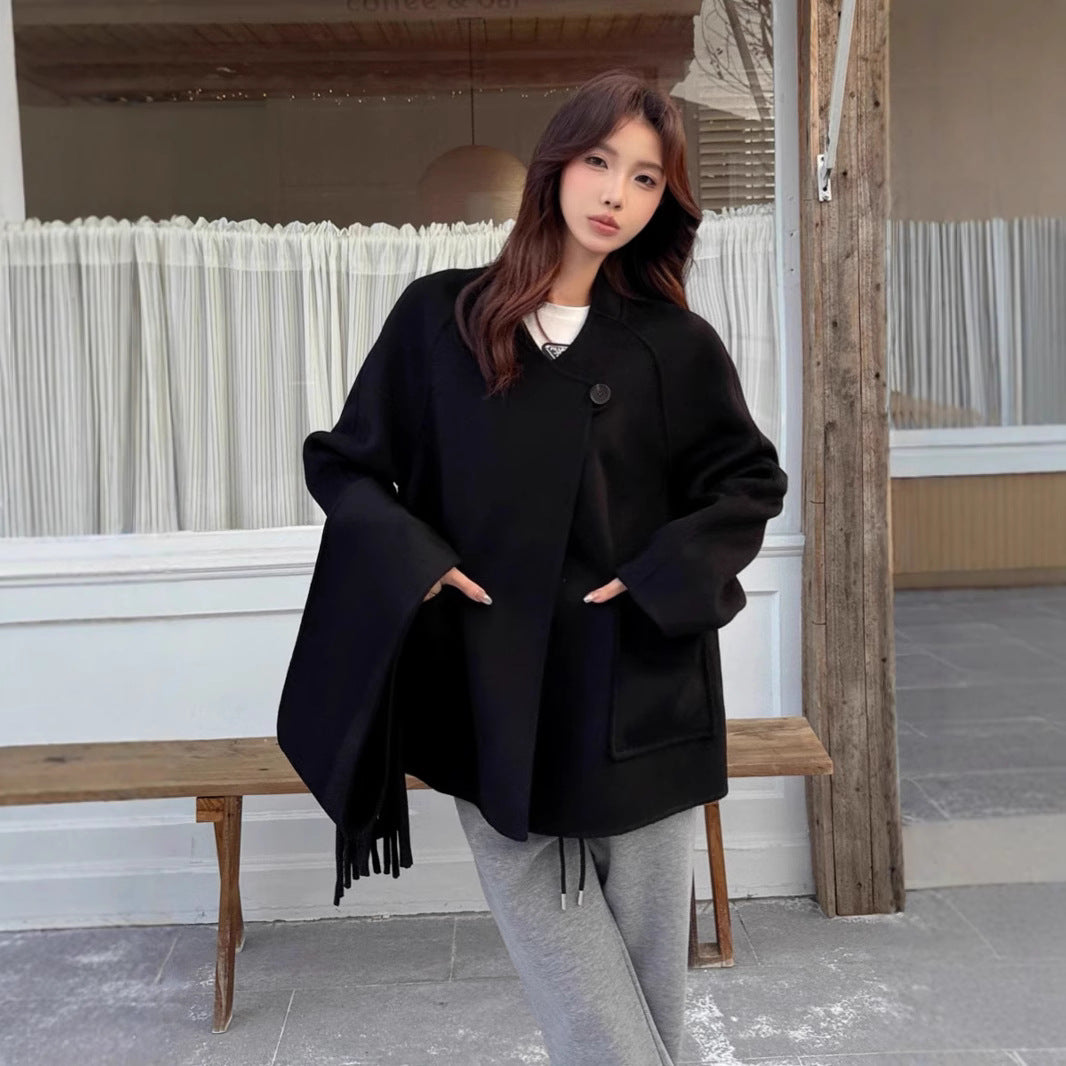 Women Oversize Wool Coat with Voluminous Shawl Collar and Fringes Chichicherry