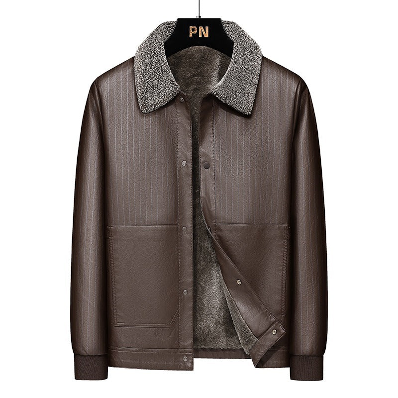 Men's Faux Leather Blouson with Sherpa Collar, Warm Teddy Lining and Pinstripe Detail Chichicherry