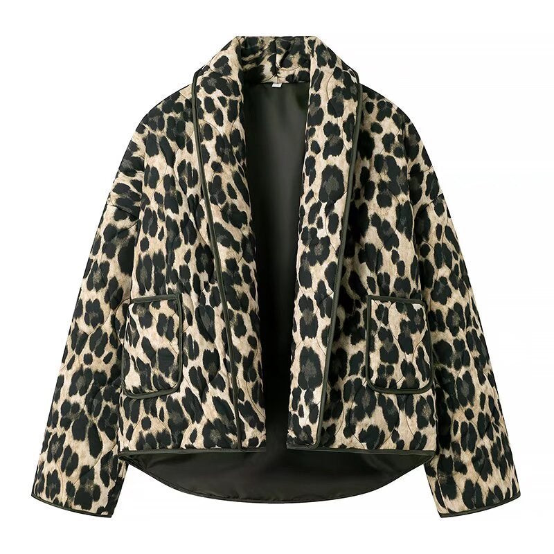 Women's Padded Short Jacket in Leopard Print with Shawl Collar and Patch Pockets Chichicherry