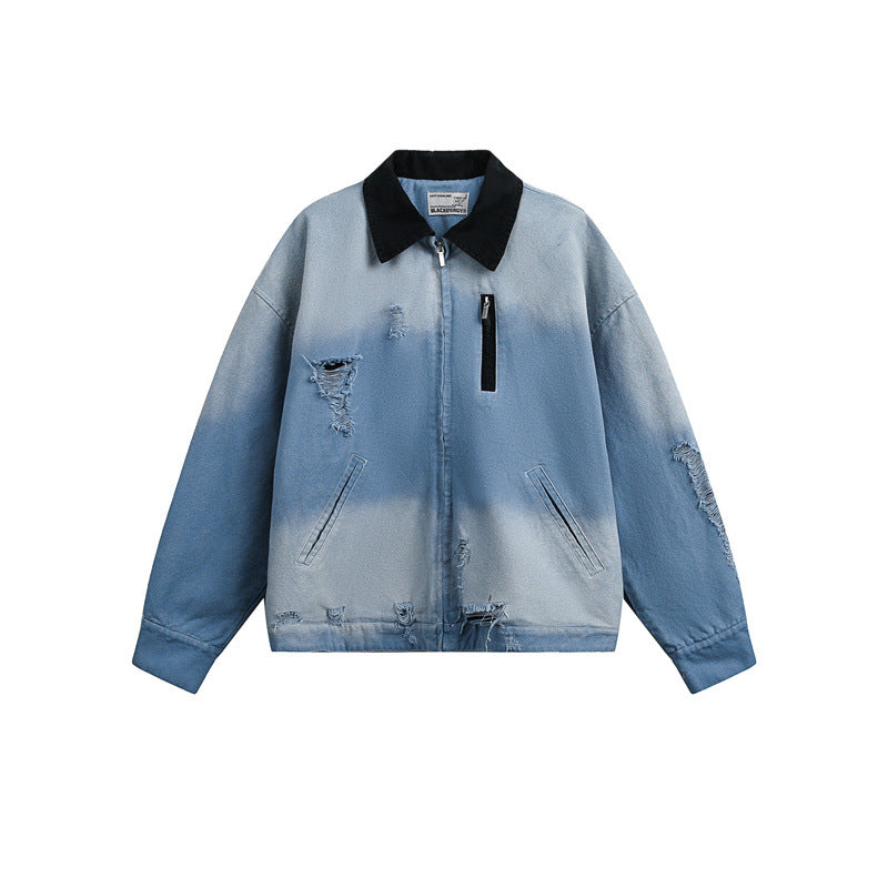 Men's Cropped Denim Blouson Jacket in Used Look with Cord Collar and Distressed Details Chichicherry