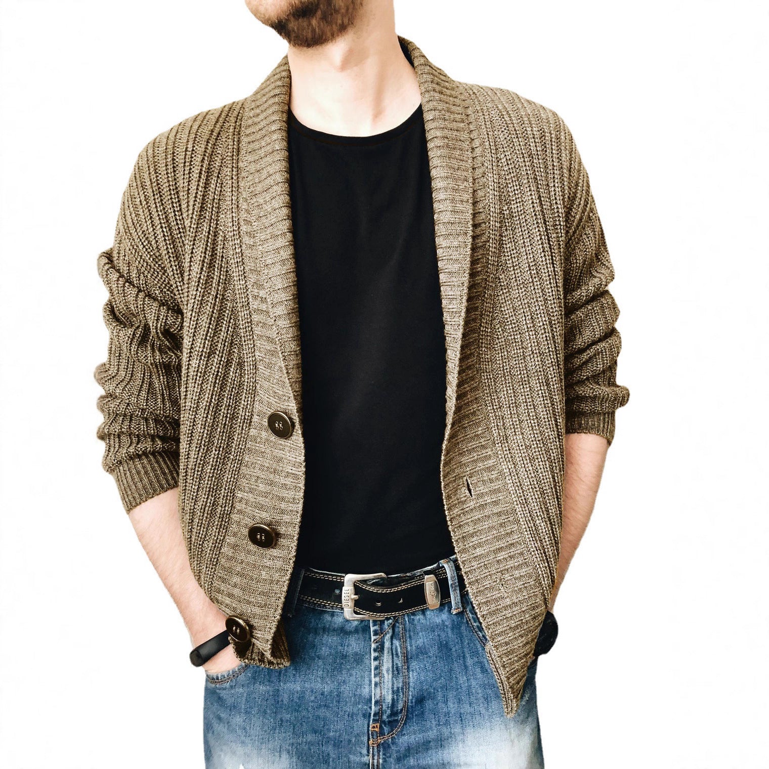 Men's knitted cardigan with shawl collar and button placket Chichicherry