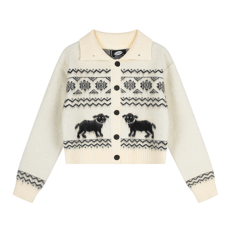 Women's short knitted cardigan in Norwegian jacquard with lapel collar and button closure Chichicherry