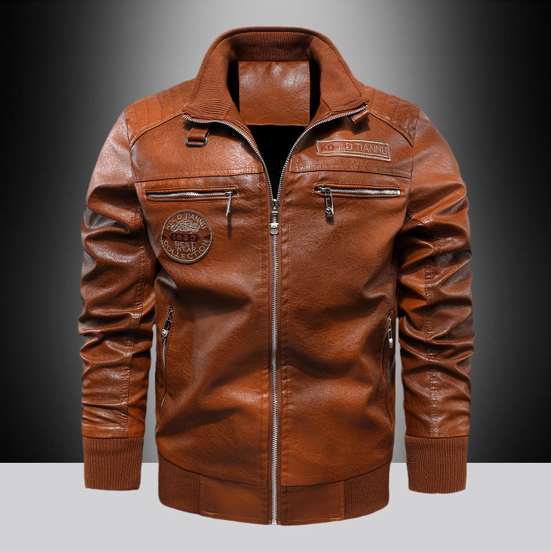 Men's Faux Leather Pilot Jacket with Zipper, Chest Pockets and Ribbed Cuffs Chichicherry