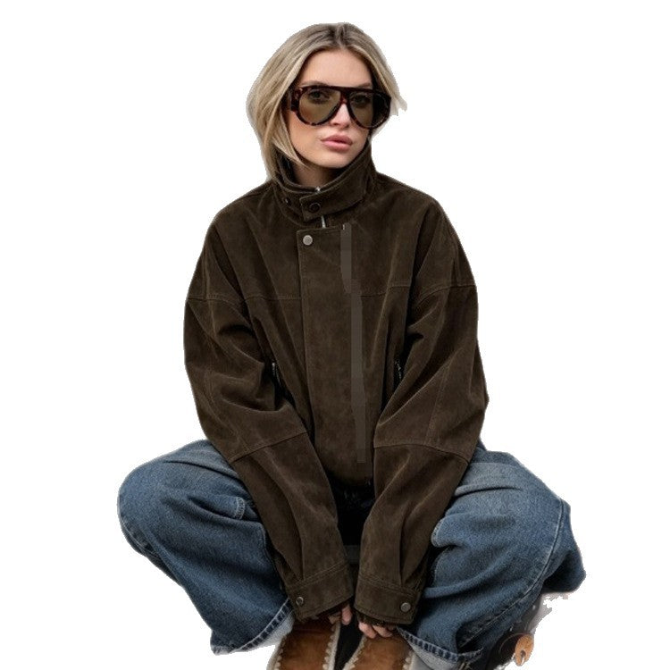 Women's Boxy Suede Bomber Jacket with High Stand Collar and Elastic Hem Chichicherry
