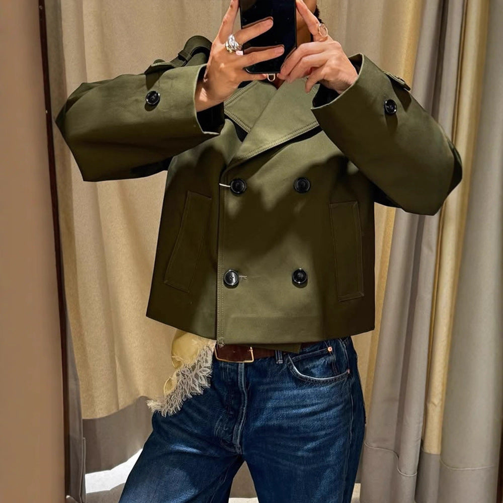 Women's Cropped Double-Breasted Trench Coat with Boxy Silhouette and Patch Pockets Chichicherry