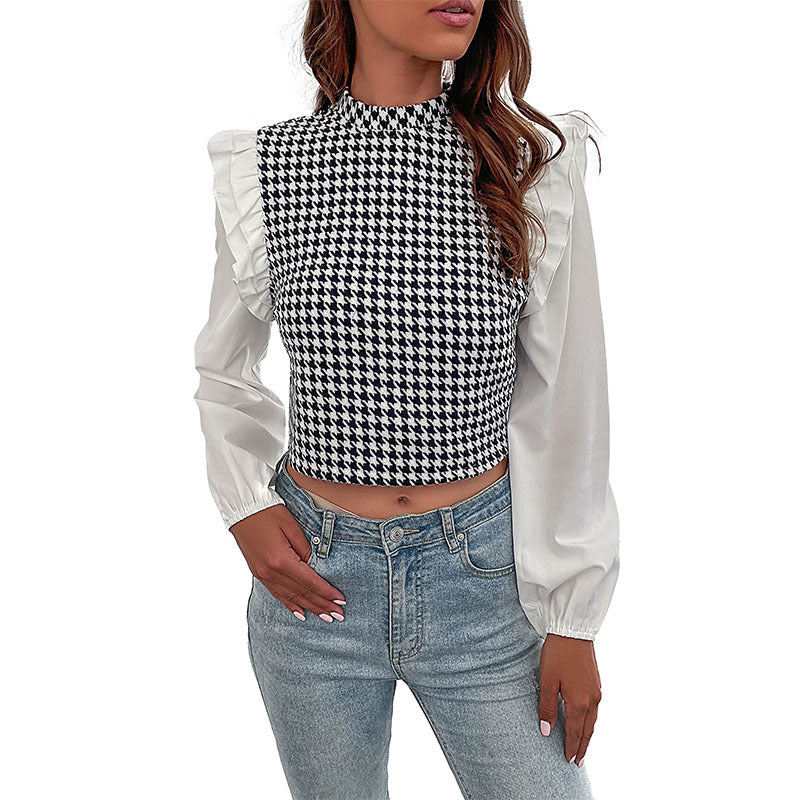 Women's Short Houndstooth Top with Stand Collar, Puff Sleeves and Gathered Shoulder Ruffles Chichicherry