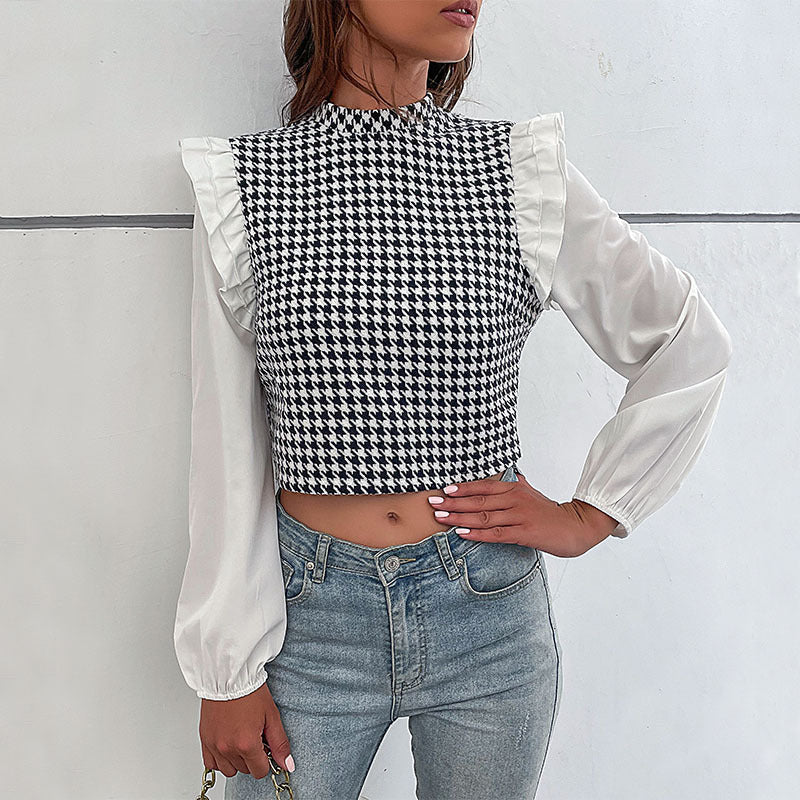 Women's Short Houndstooth Top with Stand Collar, Puff Sleeves and Gathered Shoulder Ruffles Chichicherry