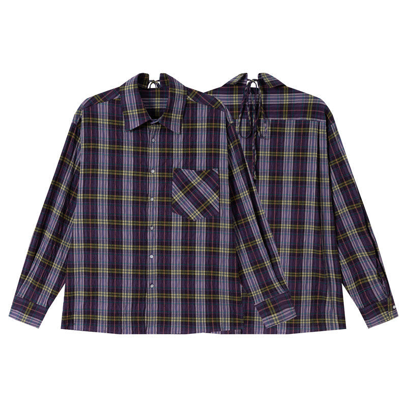 Women's Oversized Check Blouse made of lightweight cotton blend with diagonal chest pocket detail Chichicherry