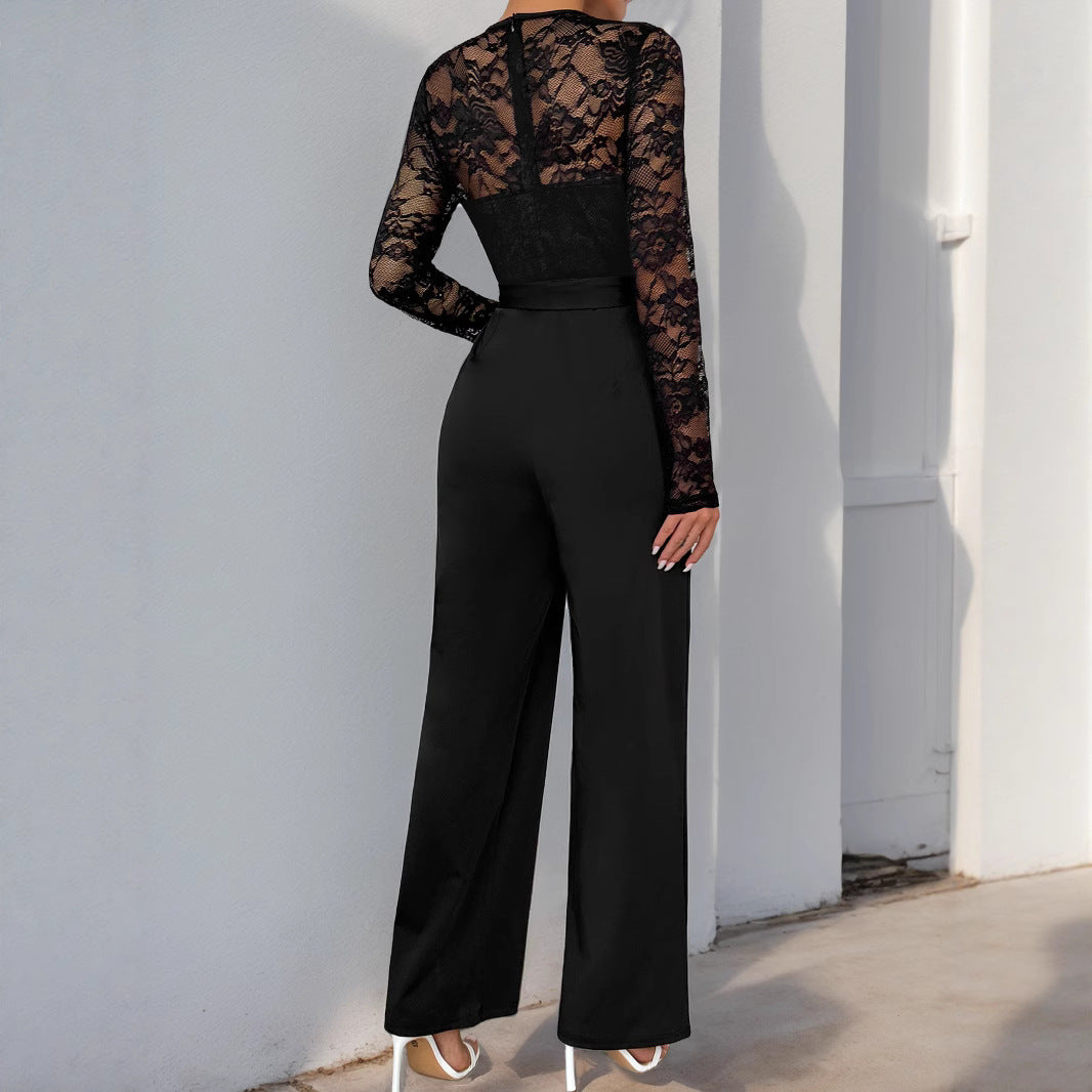 Women's Elegant Jumpsuit with Transparent Lace Top, Waist-Defining Tie Belt & Wide Palazzo Leg